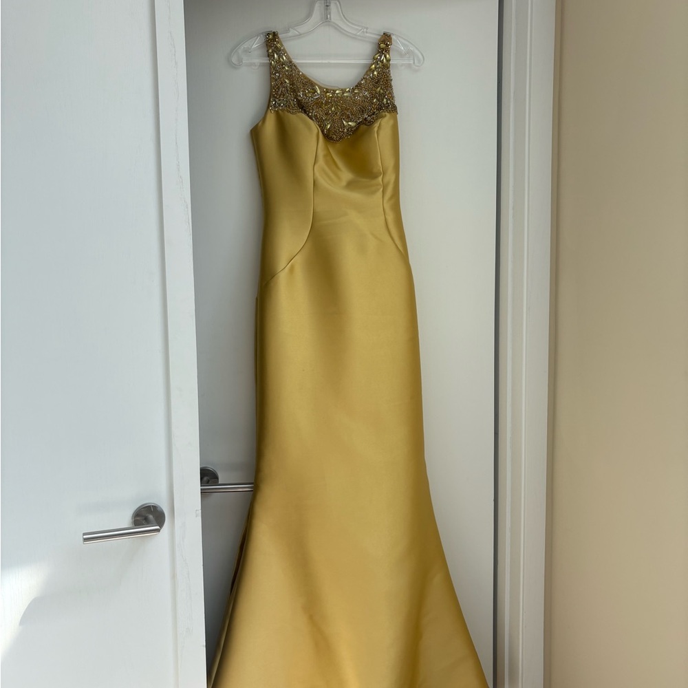 Elegant Gold Gown with Beaded Neckline